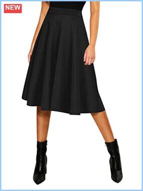 Women's Basic Elastic Waist A-Line Flared Pleated Skater Midi Skirt